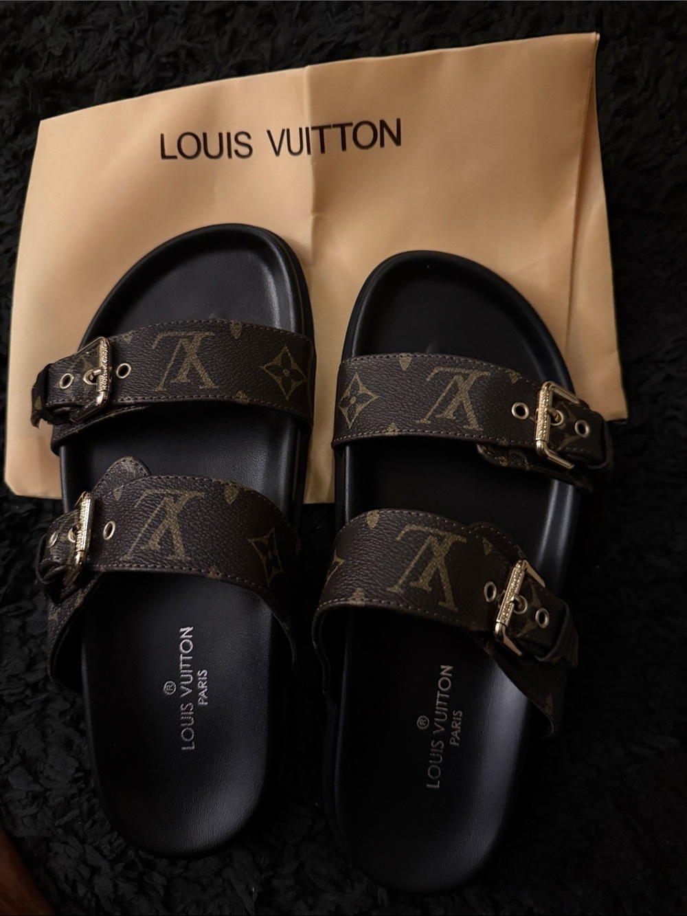Louis Vuitton Monogram Brown Double-Strap Men's Sandals with Gold Buckles